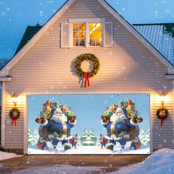 Christmas Blue Garage Door Banner Covers, Gift Santa Claus Gnome Pattern Large Hanging Indoor/Outdoor Backdrop Background for Christmas Winter Party Decor, 6.9x16 FT