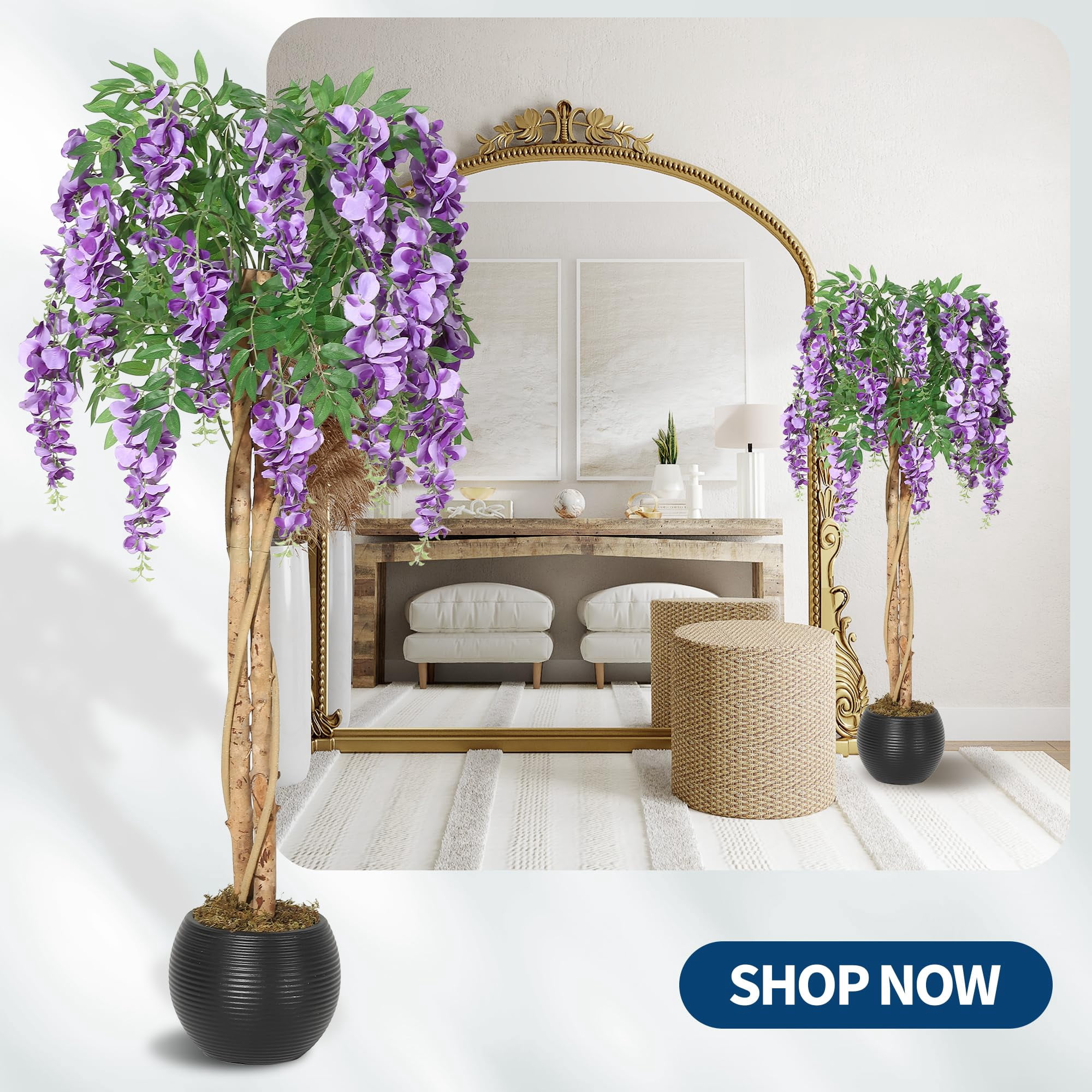 Huisuilinss Artificial Purple Blossom Tree,Artificial Purple Bean Flower Tree,Potted Faux Flower Tree,Silk Faux Plant Fake Tree With Double Trunk,Hanging Vine,Moss For Office Wedding Photo Backdrop
