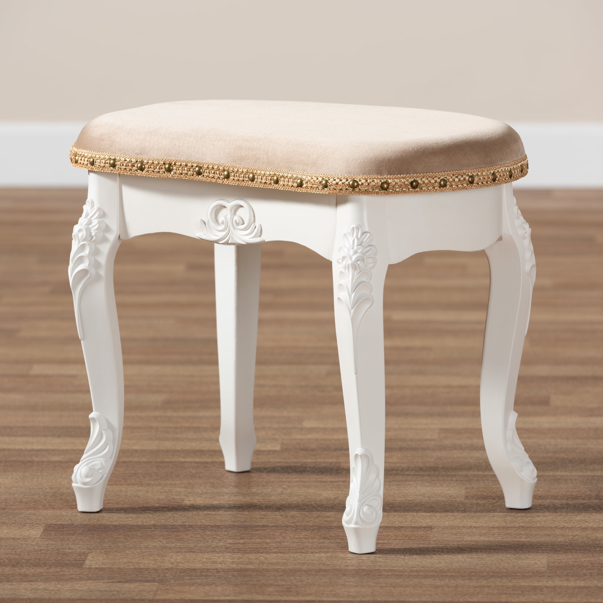 Baxton Studio Gabrielle Traditional French Country Provincial Sand Velvet Fabric Upholstered White-Finished Wood Vanity Ottoman