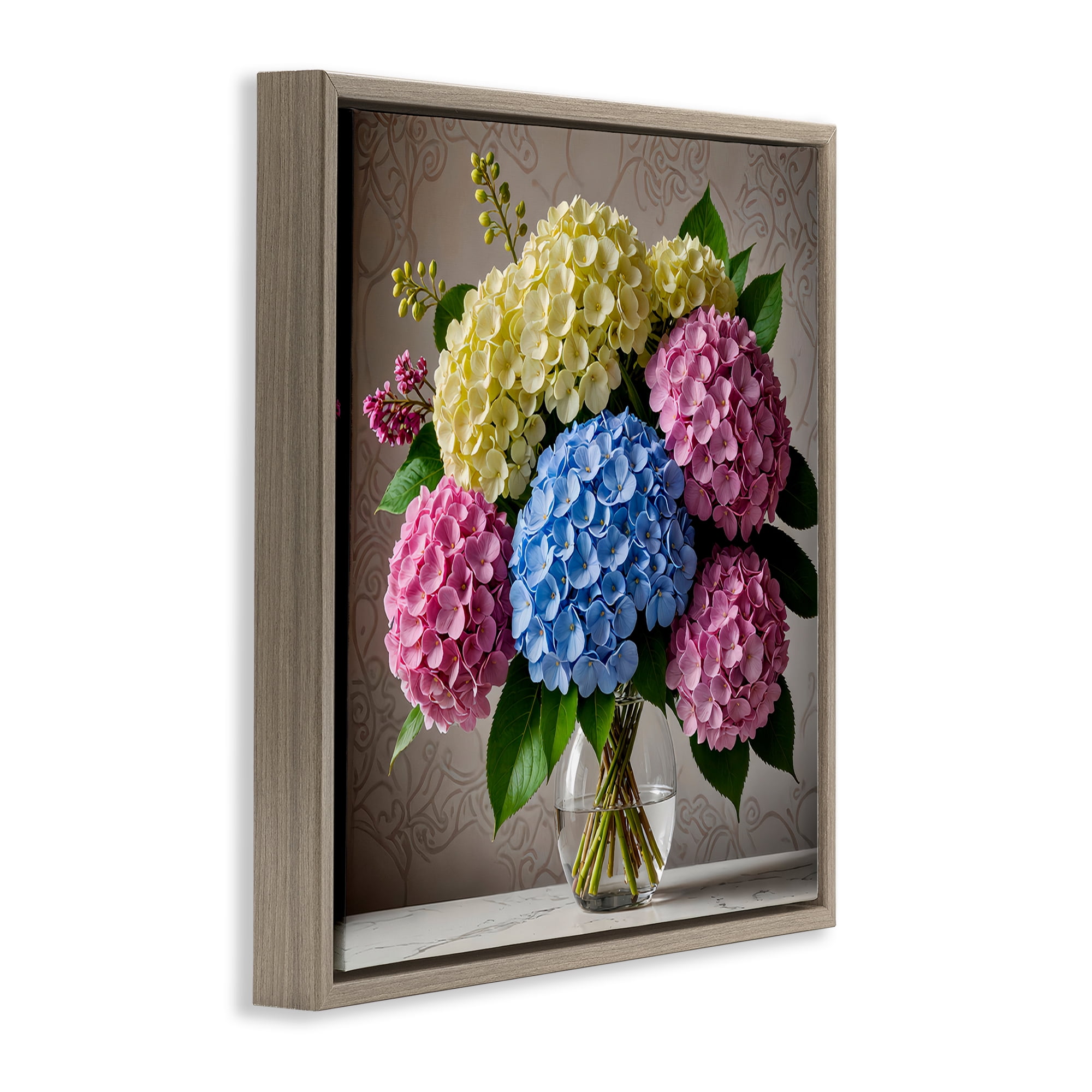 Stupell Industries Bright Hydrangeas Bouquet Plants & Flowers Painting Brown Floater Framed Canvas Art Print Wall Art, 25 x 25