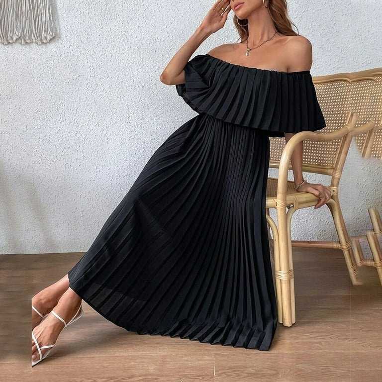 Off shoulder pleated midi dress outlet