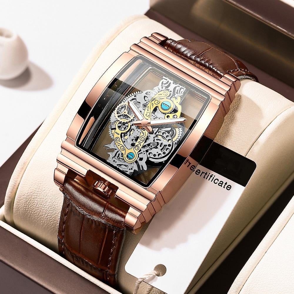 Binbond B5011 Gear Hollow Waterproof Luminous Watch Brown Leather Rose Gold Walmart