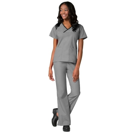 

Maevn Core Women s Y-Neck Mock Wrap Top & Flare Leg Pant Scrub Set