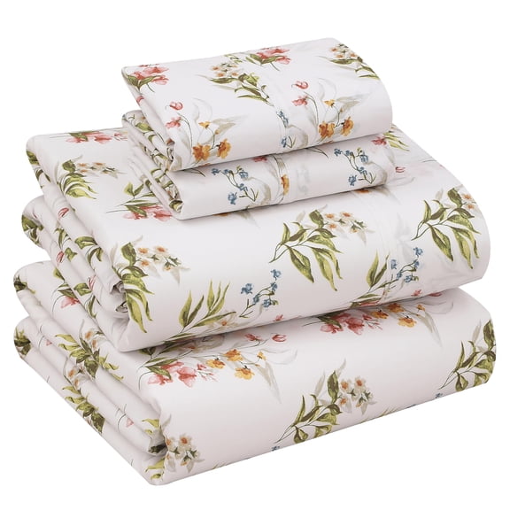 RUVANTI 100% Cotton Sheets – Queen Size Percale Bedding, Cooling & Breathable Floral Design, Durable with a Crisp, Soft & Comfortable Feel, 16" Deep Pocket, 4-Piece Set, Floral Bliss