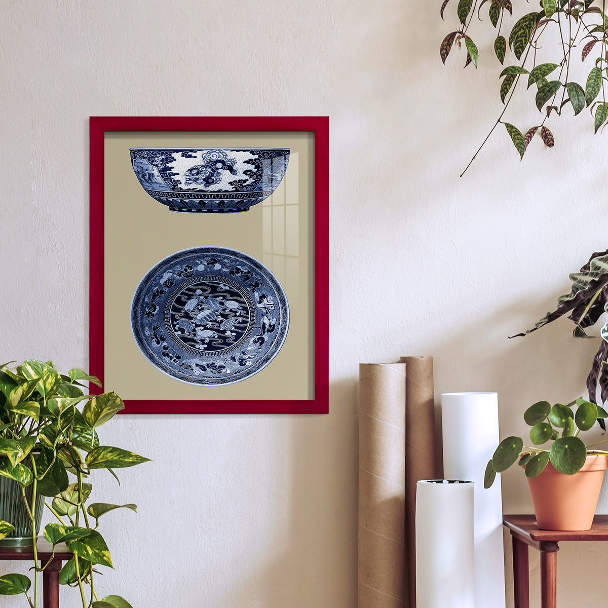 Porcelain in Blue and White I -Framed Print w/glass-Cherry Red