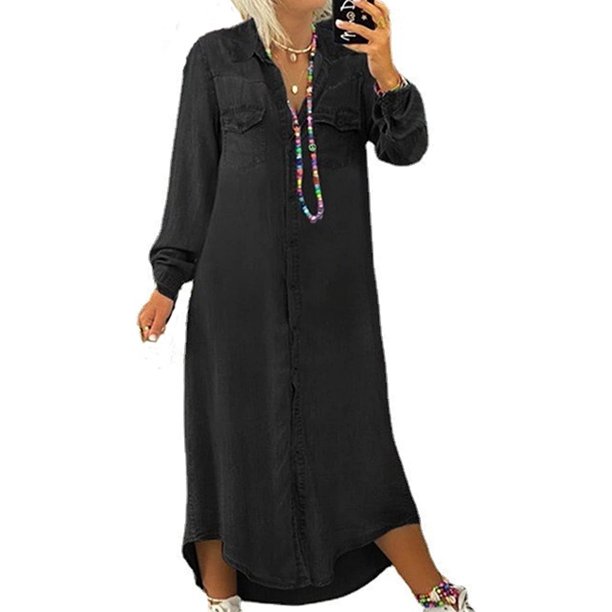 Xishao Vestido de mezclilla ligero, delgado, gran color sólido, vestido largo de mezclilla de un solo botonadura Xishao ropa