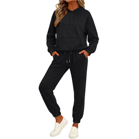 Dwellite Womens 2 Piece Lounge Sweatsuit Fall Fashion Matching Sweat Sets Oversized Fall Hoodies & Baggy Jogger Sweatpants Fashion 2026 Outfits Black XL