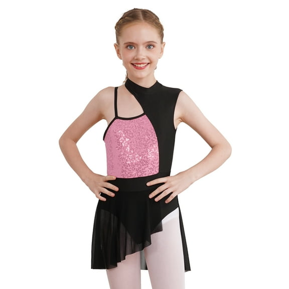 inhzoy Kids Girls Sleeveless Halter Neck Sequins Splice Leotard Dress Ballet Lyrical Dance Costume