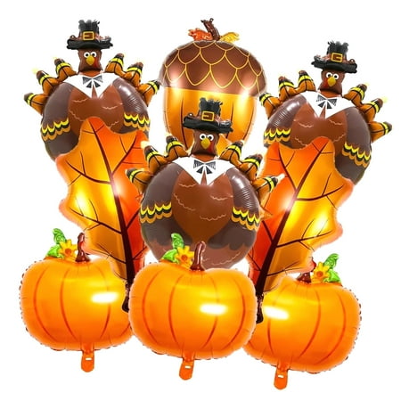 SKYSONIC Thanksgiving Balloon Decorations Set of 9 Pieces, Featuring Turkey, Pumpkin, Acorn, and Maple Foil Designs for Autumn Fall Party Decor