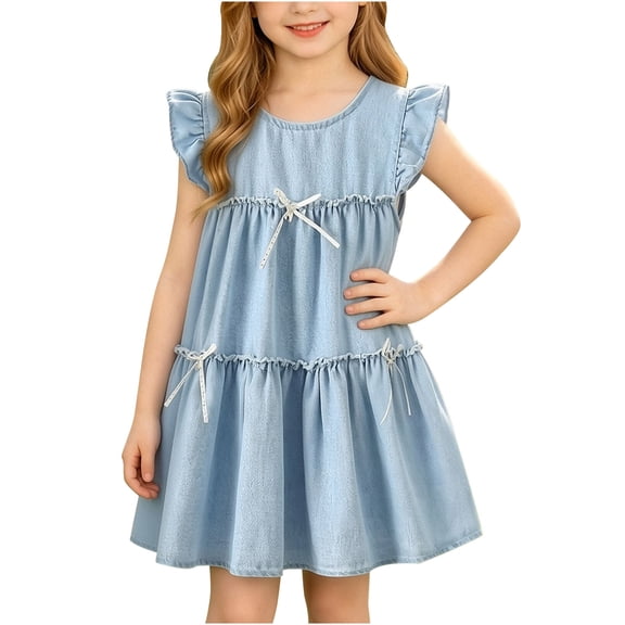 Gytharion Toddler Girls Ruffled Denim Dresses Cute Fashion Sundress Round Neck Bowknot Tiered Denim Dresses,12Months-5Years