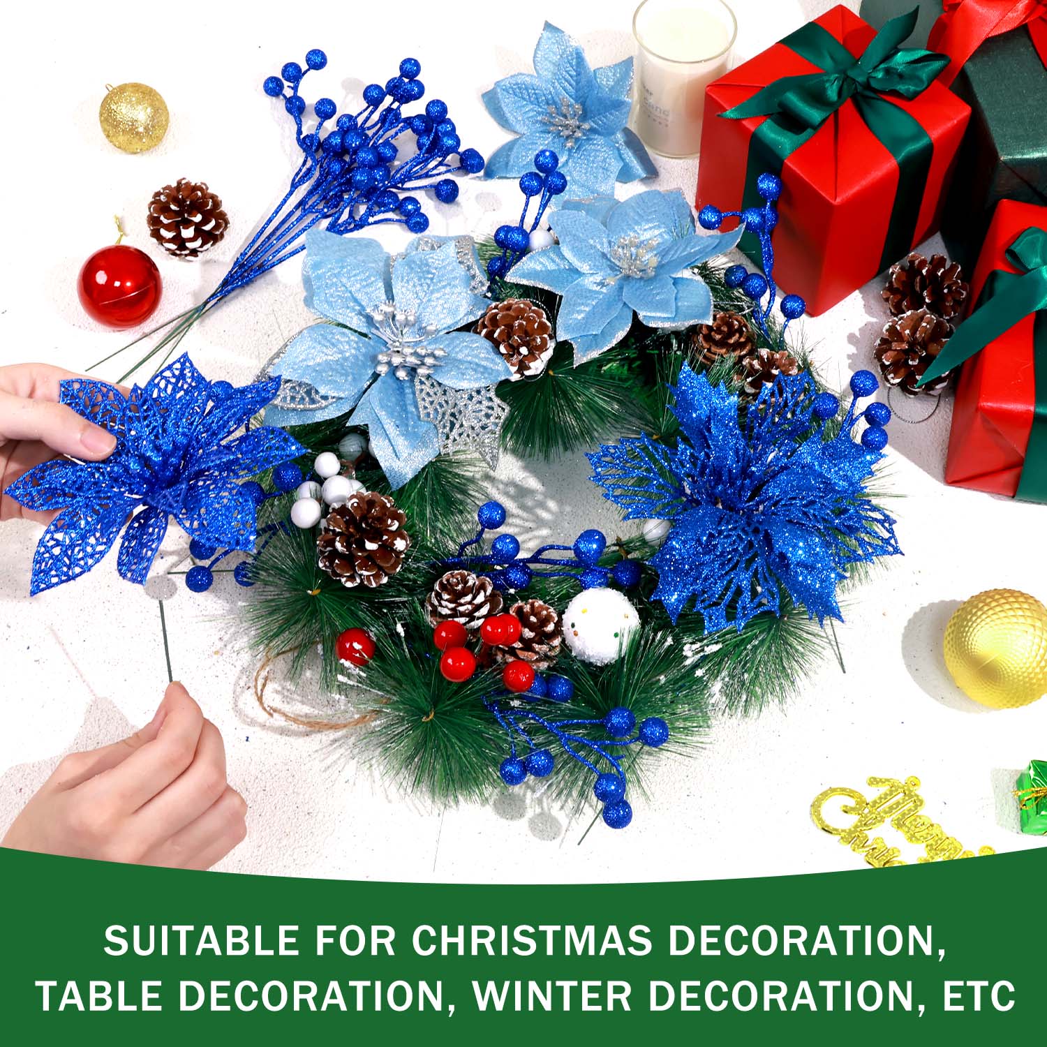 Ayieyill 56-Piece Christmas Decoration Set, Blue Poinsettia photo 5