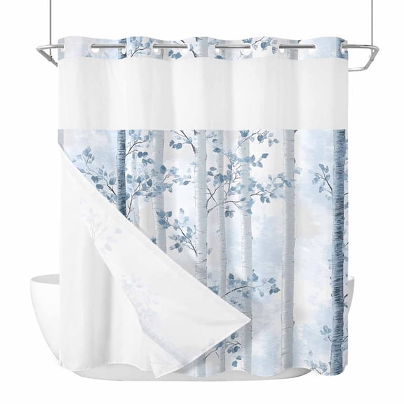 No Hook Shower Curtains with Snap-in Liner Set, Blue Grey Forest Waterproof Hotel Style Bathroom Shower Curtain, Watercolor Blue Ombre Leaves Breathable Mesh Top Window Bath Curtains 66''x72''