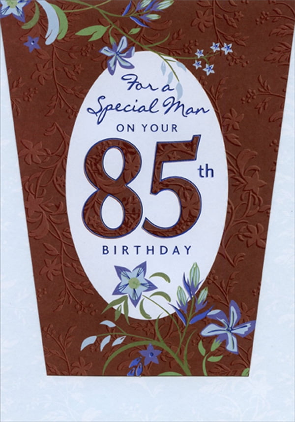 designer greetings blue flowers on brown die cut top fold