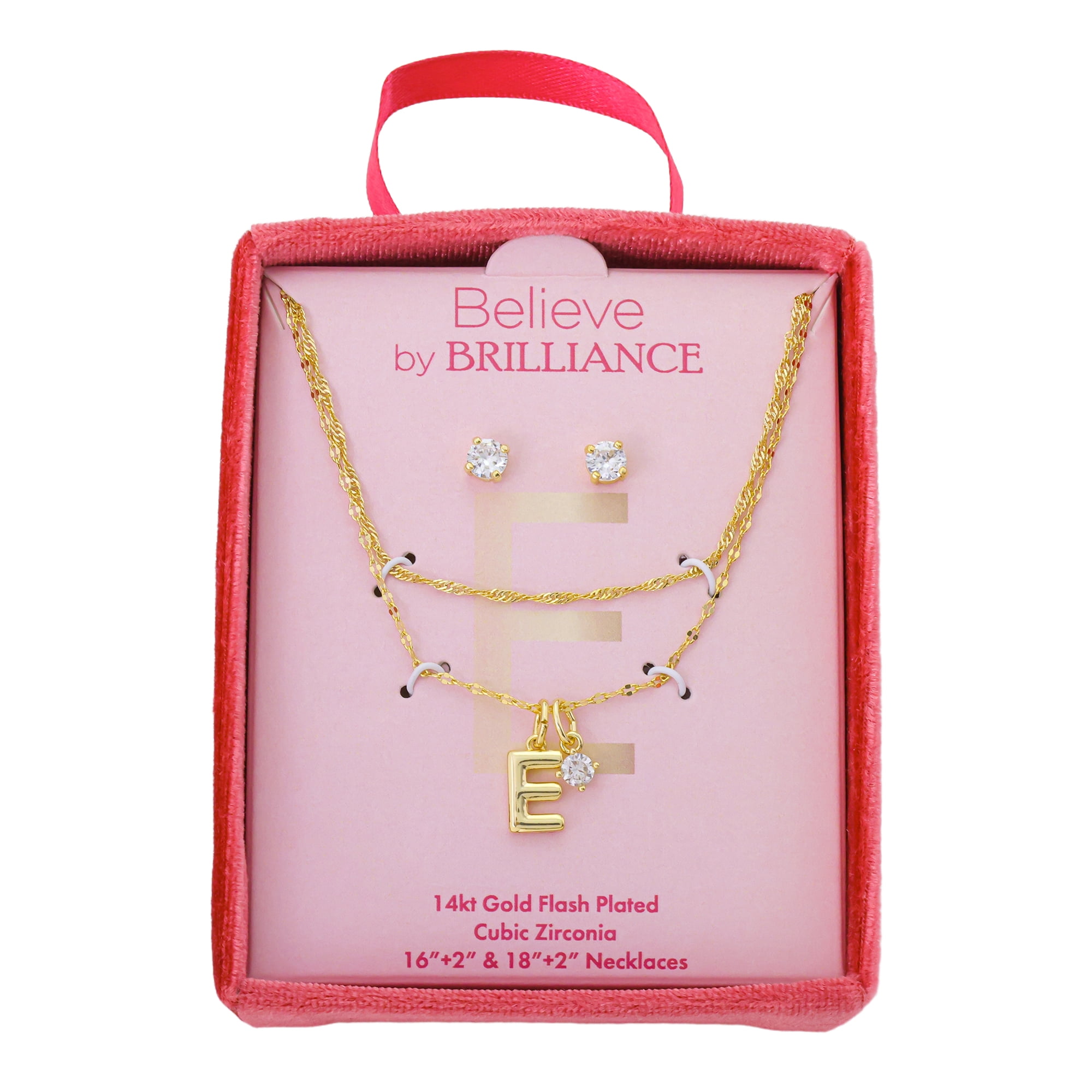 Believe by Brilliance Women's 14Kt Gold Flash Plated Initial E Slider Charm and Cubic Zirconia Charm Layered Necklace and Stud Earring Set, 16+2"/18+2"