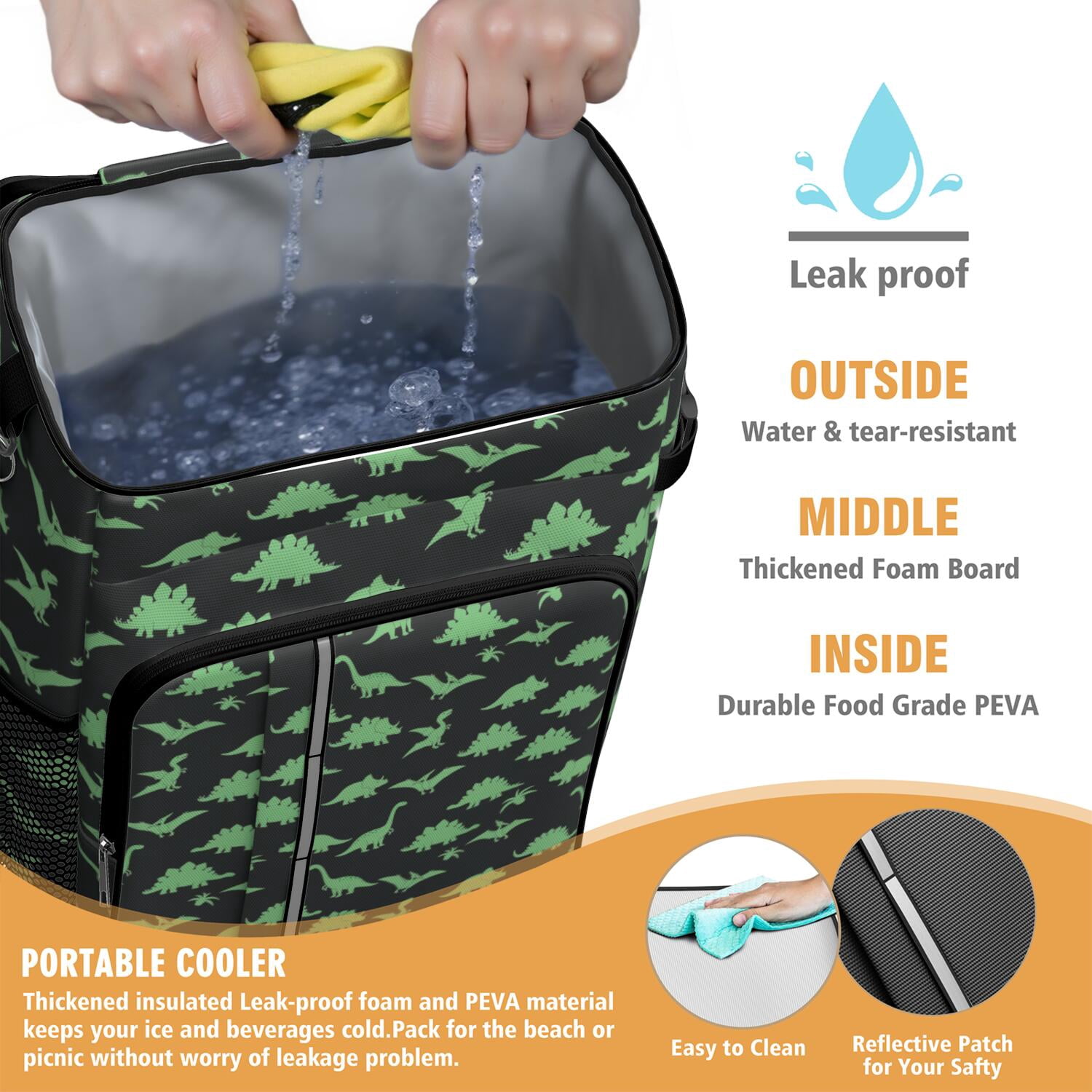 Travel Cooler Bag - Black Cartoon Dinosaurs Pattern Camping Beer Cooler Backpack with Bottle Opener- Waterproof Insulated Picnic Backpacks - Cooler Bag for Beach