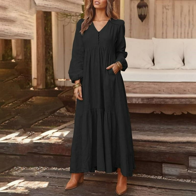 NAFUU Womens Dresses V Neck Long Sleeve Maxi Dress Empire Waist Flowy Long Dress Solid Color Vintage Casual Sundress With Pockets Soft Womens Leggings - Walmart.com NAFUU Womens Dresses V Neck Long Sleeve Maxi Dress Empire Waist Flowy Long Dress Solid Color Vintage Casual Sundress With Pockets Soft Womens Leggings - Walmart.com