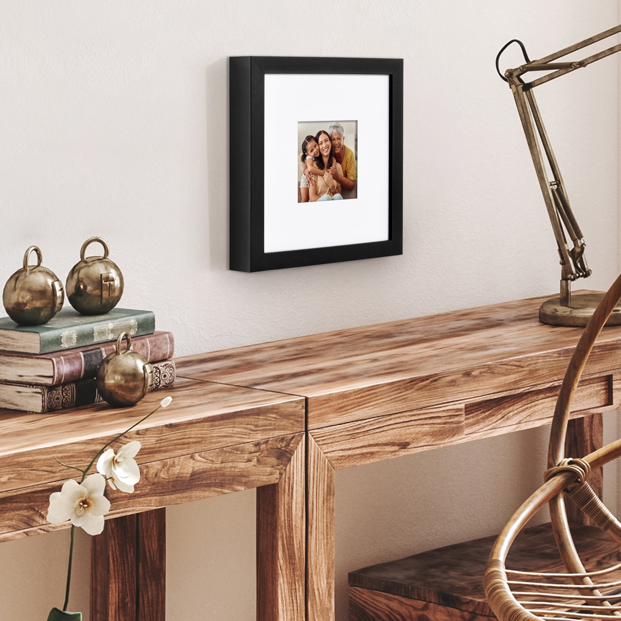 Americanflat 8x8 Picture Frame with Shatter-Resistant Glass with 4x4 Mat Display Photo Soho Collection - Black