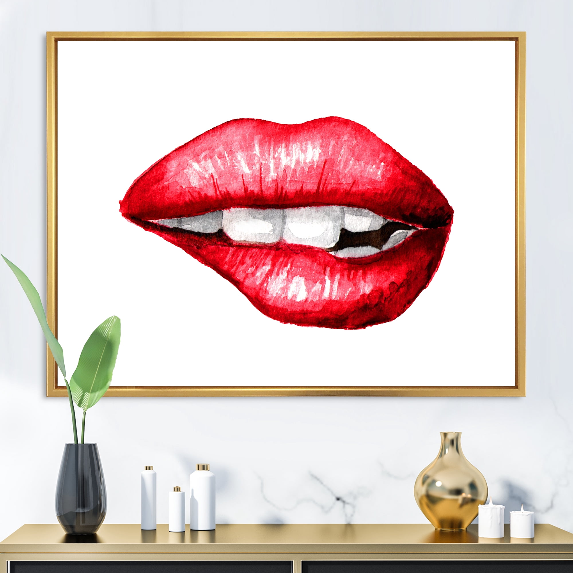 Designart 'Sexy Plump Puffy Girl Lips Biting' Modern Framed Canvas Wall Art Print