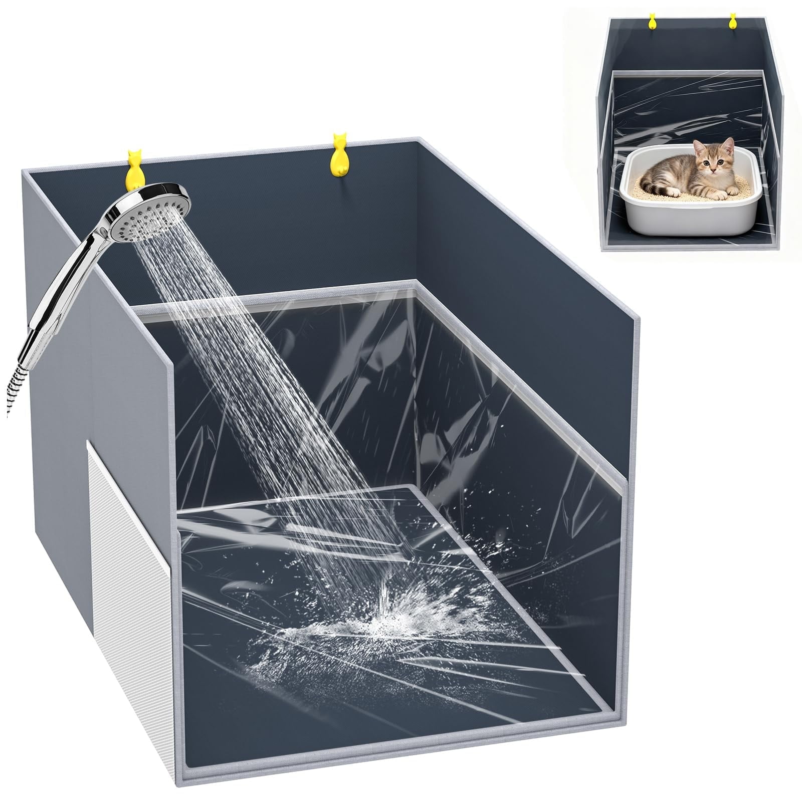 Aokeyee Cat Litter Box Enclosure Splash Guard with Removable PVC Mat Large Waterproof Litter Box Enclosure Foldable Pet Litter Box Shield with 2 Hooks