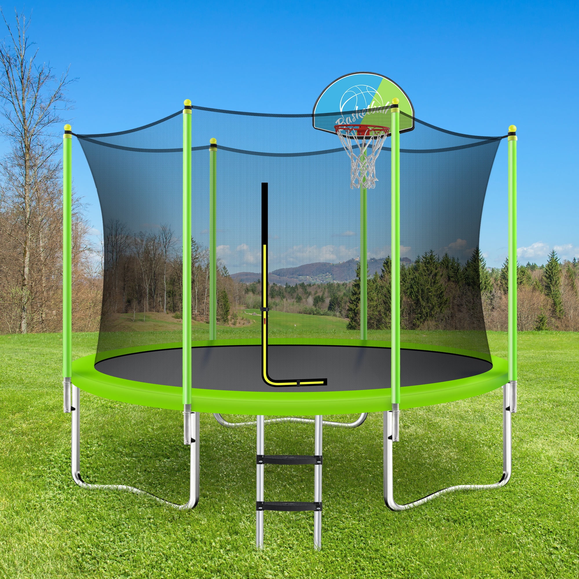 10FT Kids Trampoline Outdoor, SHINPT Large Trampoline with Enclosure Net, Recreational Trampoline for Families, Outdoor Trampoline with Basketball Hoop, Big trampoline for Backyard, Lawn, Patio