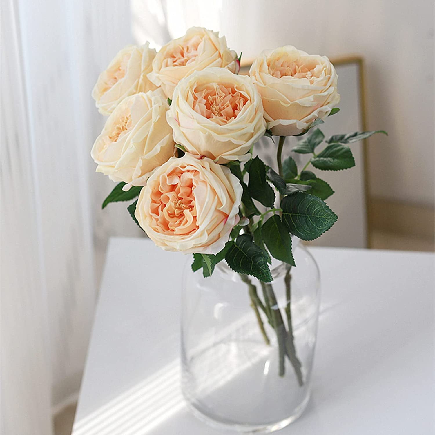 UKELER Artificial Roses 4 Pcs Real Touch Artificial Flowers Champagne Austin Rose Peony with Stem for Home Decor Flower Arrangement Wedding Party Decoration