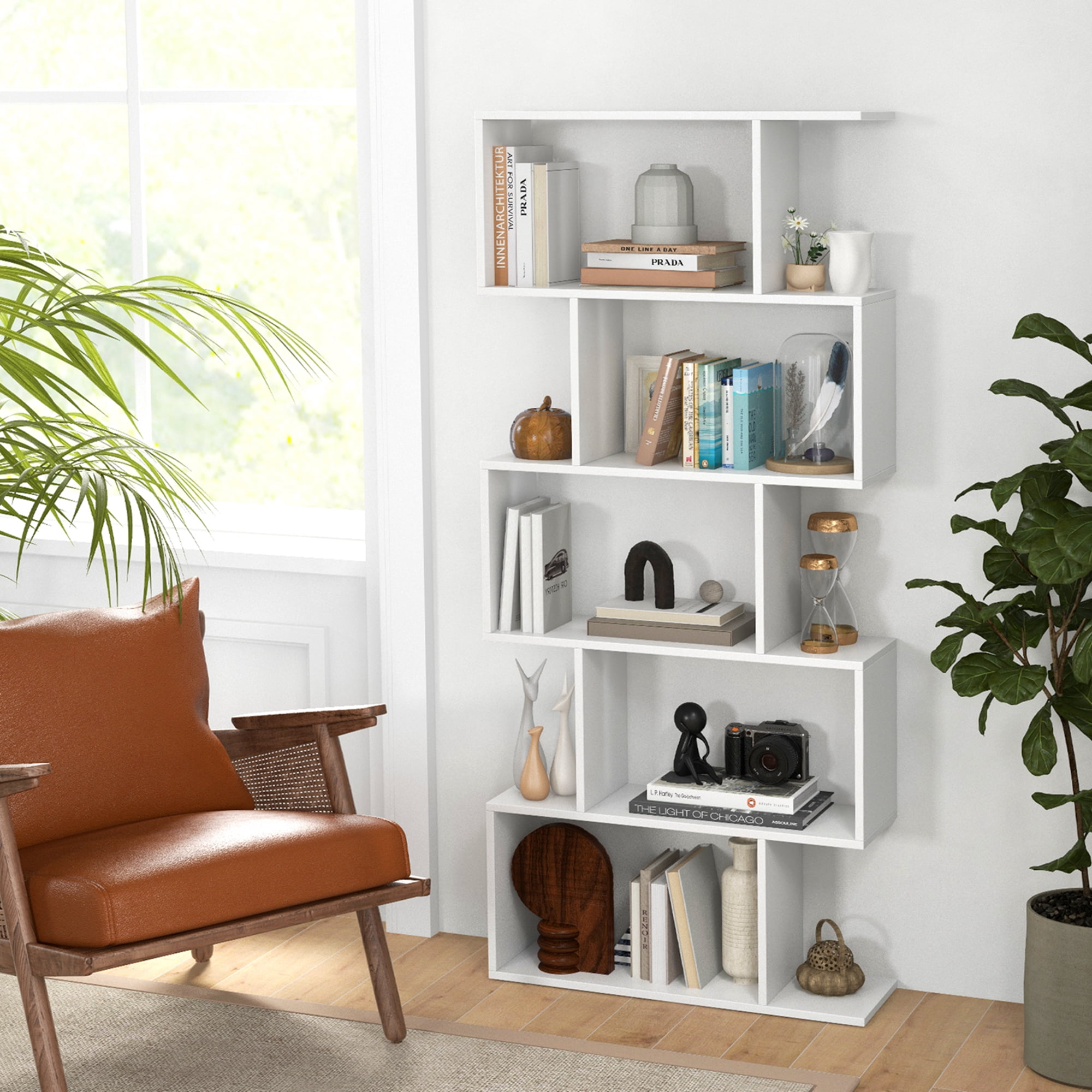 Costway 1 PC 5-Tier Bookshelf Geometric S-Shaped Bookcase Room Divider Storage Display Shelf White