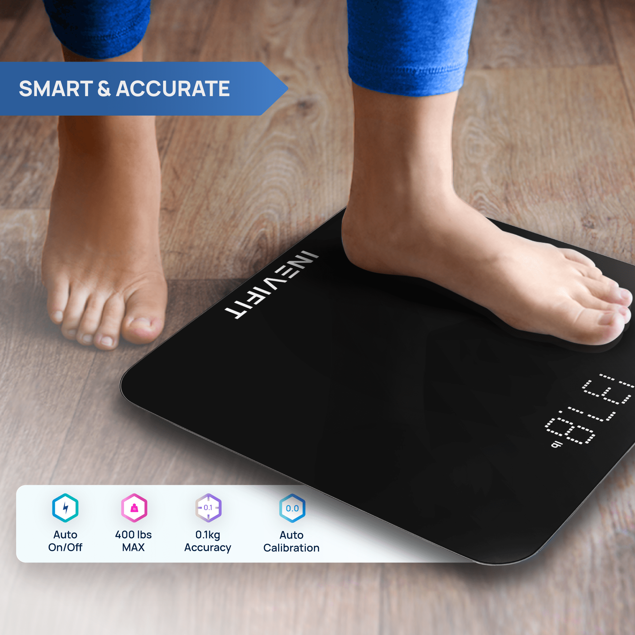 INEVIFIT Smart Premium Bathroom Scale with Bluetooth and Free Tracking INEVIFIT APP 11.8 x 11.8 inch - Black