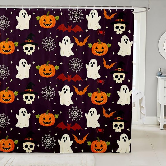 Halloween Shower Curtain Pumpkin Ghost And Skull Waterproof Fabric Bath Curtain 71x71 Inches