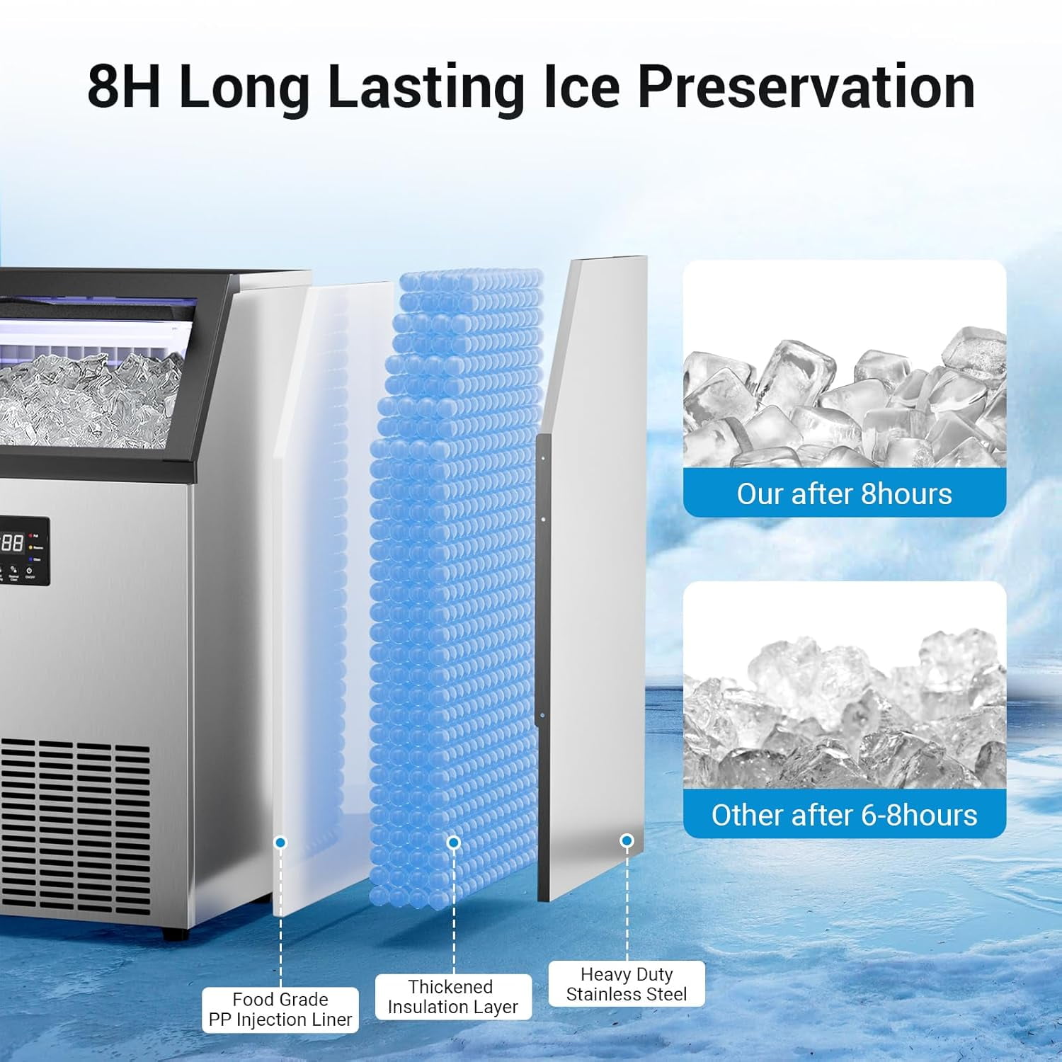 Self-Cleaning Commercial Ice Machine - 165LBS/24H Production, 132 Cubes per Cycle, Industrial Grade Stainless Steel with 12 Adjustable Thickness Settings