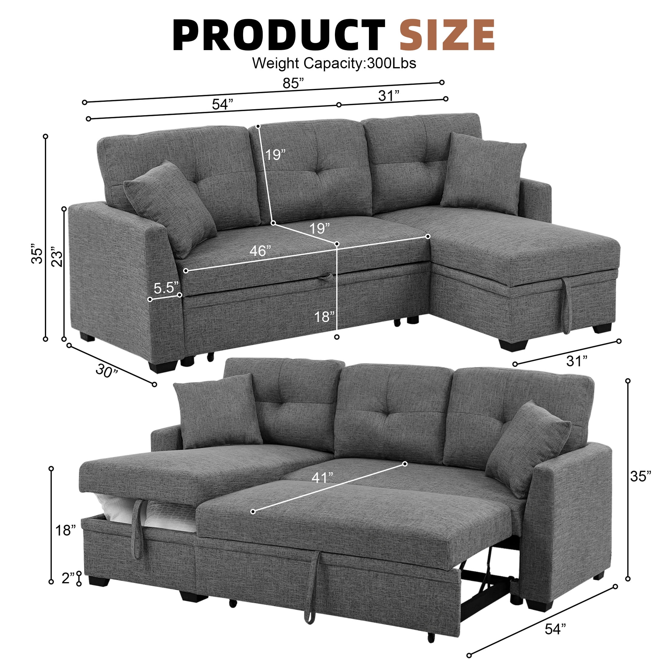 Aukfa Pull-Out Sleeper Sofa Bed with Storage Chaise, Reversible Loveseat for Living Room, Linen, Light Gray