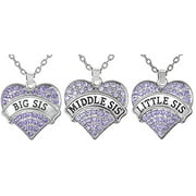 Set of 3 Big Sis, Middle Sis, Little Sis Purple Crystal Valentine Heart Matching Necklace Jewelry Gift Set for Sisters, Girls, Teens, Women, Adults (purple)