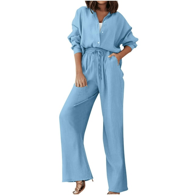 Fgnfyis Women's Two Piece Outfits Set Long Si Button Down Shirt Blouse Top Drawstring Wide Leg Pants Solid Color Tracksuit Matching Sets Women Clothing Trousers Sets Sky Blue XXL