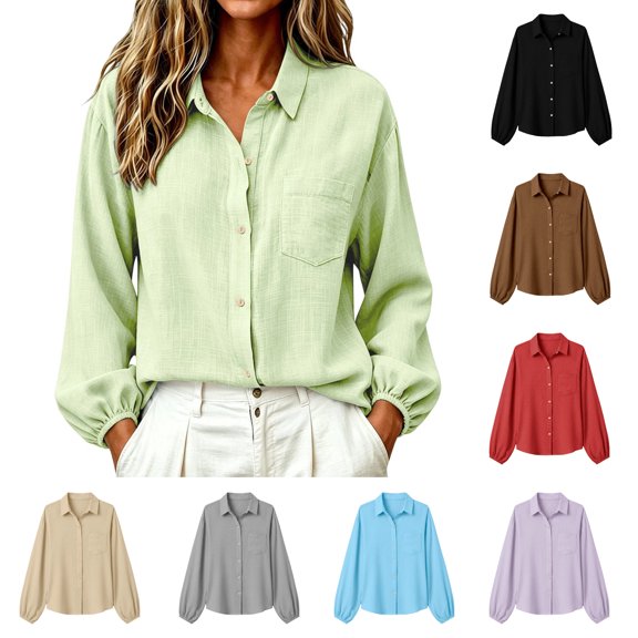 Lightweight Long Sleeve Topss for Women Cotton Linen Solid Color Button Shirt Turn Down Collar Loose Casual T Shirt for Daily Work Lounge
