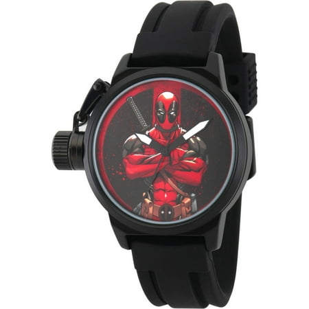 Marvel's Deadpool Men's Black Alloy Crown Protector Watch, Black Rubber Strap