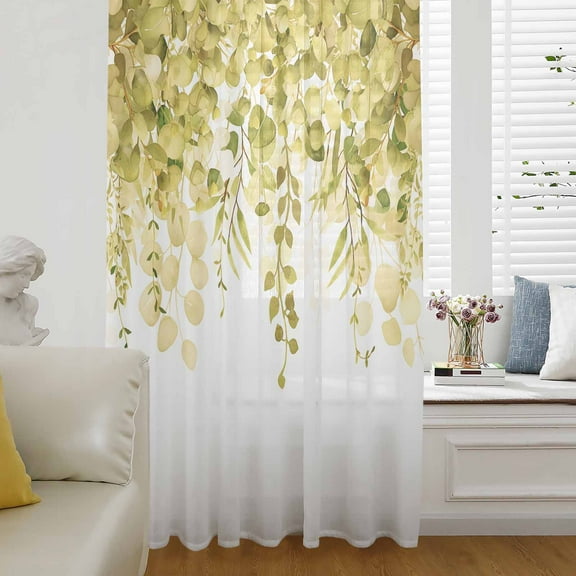 Yellow Eucalyptus Leaves Semi Sheer Curtains Drapes for Living Room,Bedroom,French Doors Window 96 Inches Long,Spring Floral Summer Botanical Rod Pocket Chiffon Curtain Drapery Voile Draperies Panel