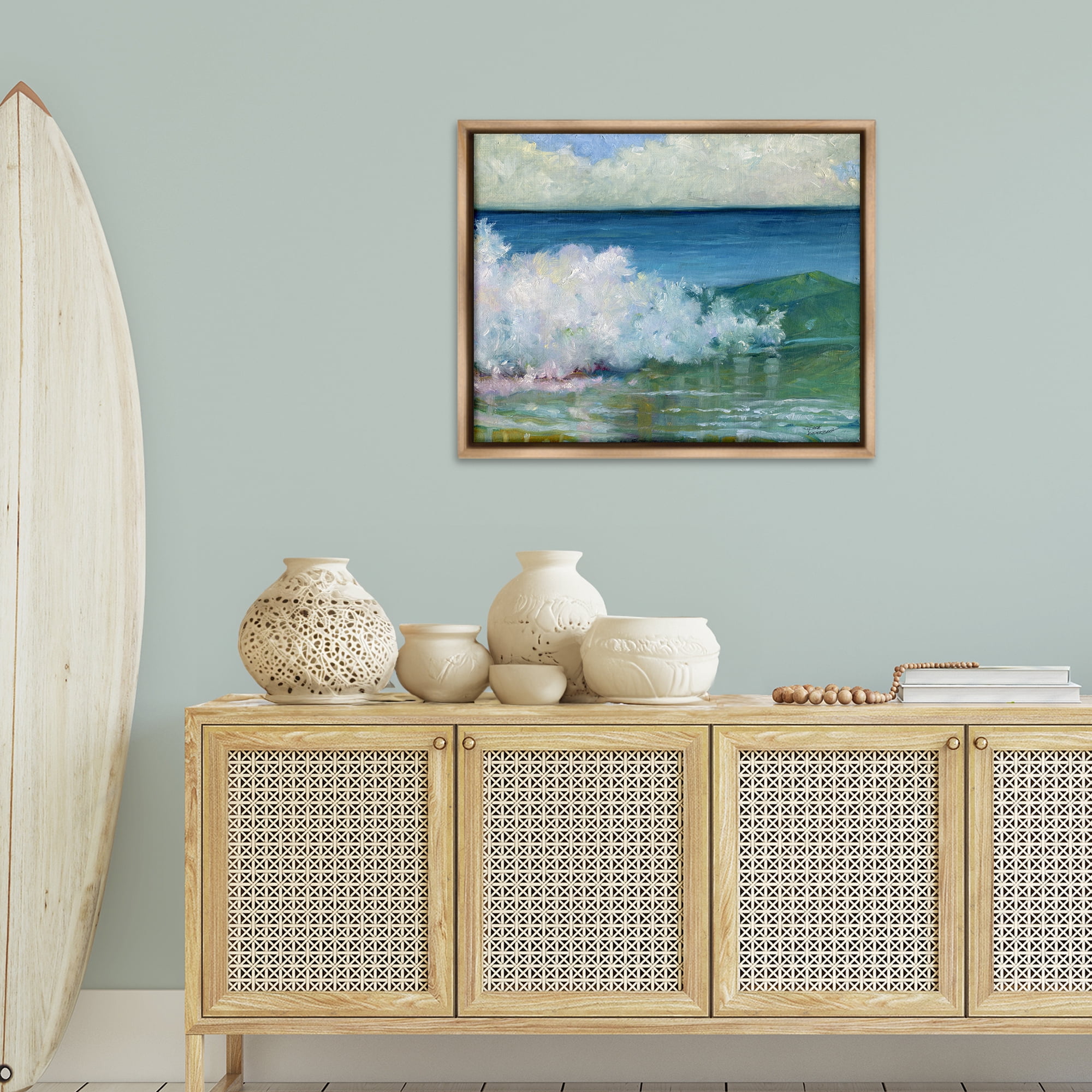 Stupell Industries Strong Splashing Wave Landscape Painting Brown Floater Framed Canvas Art Print Wall Art, 31 x 25