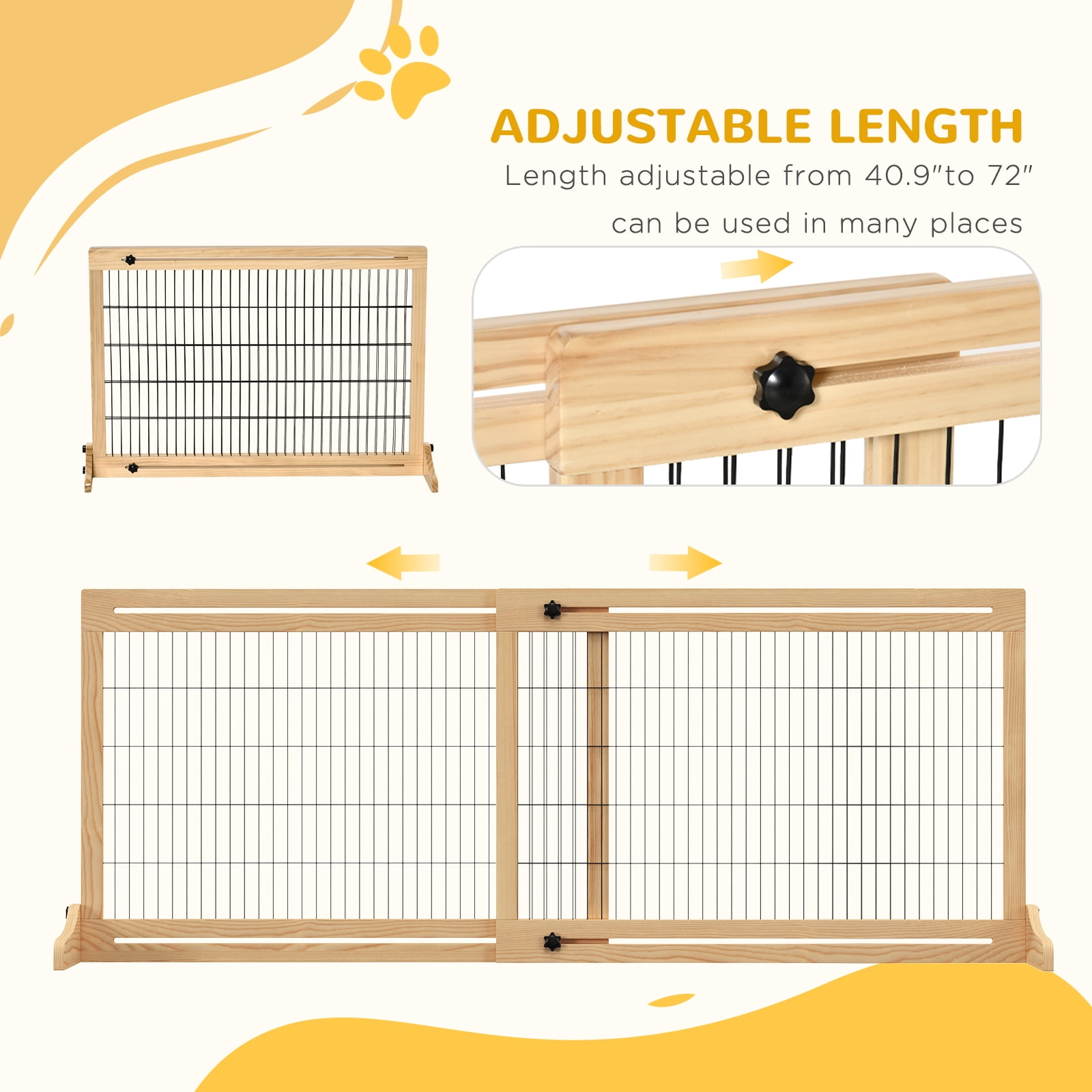 PawHut 71" Slide-Adjust Freestanding Pet Gate for Small Dogs Indoor, Retractable Wooden Puppy Dog Gate for House, Doorway, Hallway, Natural