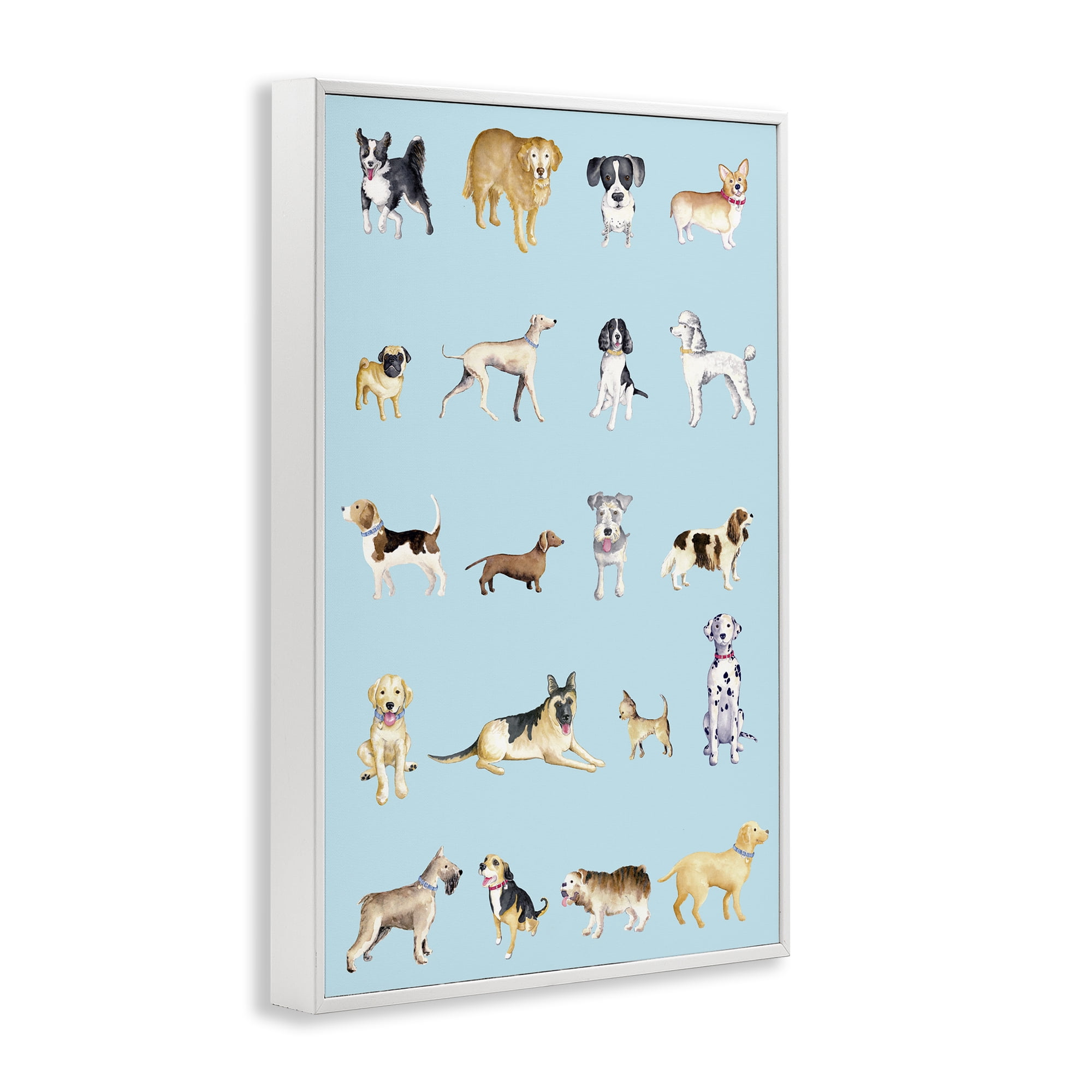 Stupell Industries Dog Breeds on Blue White Framed Giclee Art, design by Andi Metz