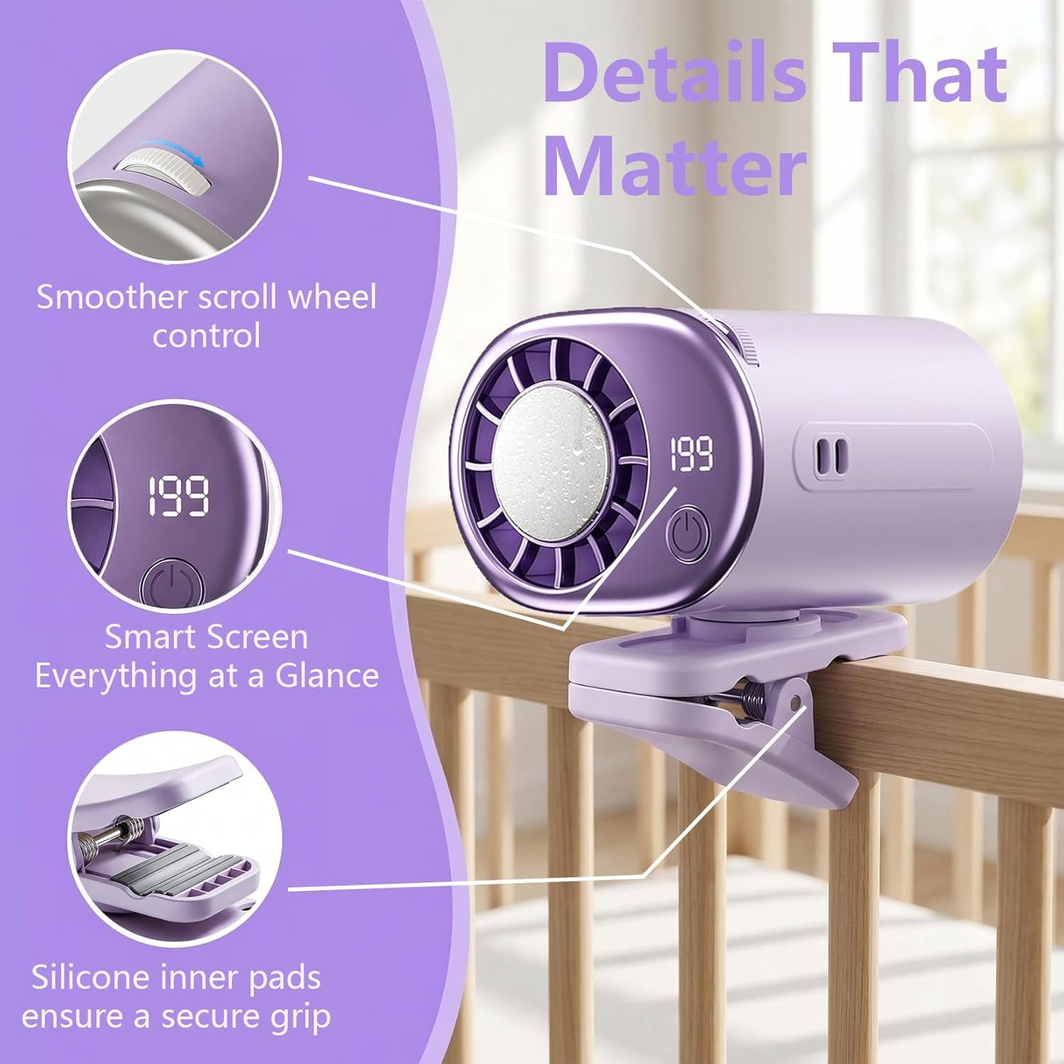 LC-dolida Silent Clip On Fan, Detachable Mini Fan with LED Display, Semi-Cooling 199 Speeds Adjustable 360° Rotation Long Battery Life for Car Desk Backseat Travel Gym Camping Stroller Use (Purple)