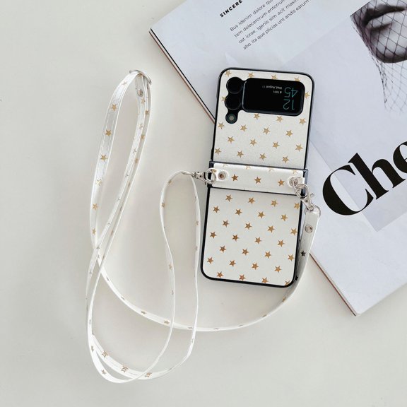Crossbody Case Compatible with Samsung Galaxy Z Flip 4 with Hinge Protection Shoulder Strap Shockproof Girly Case-White