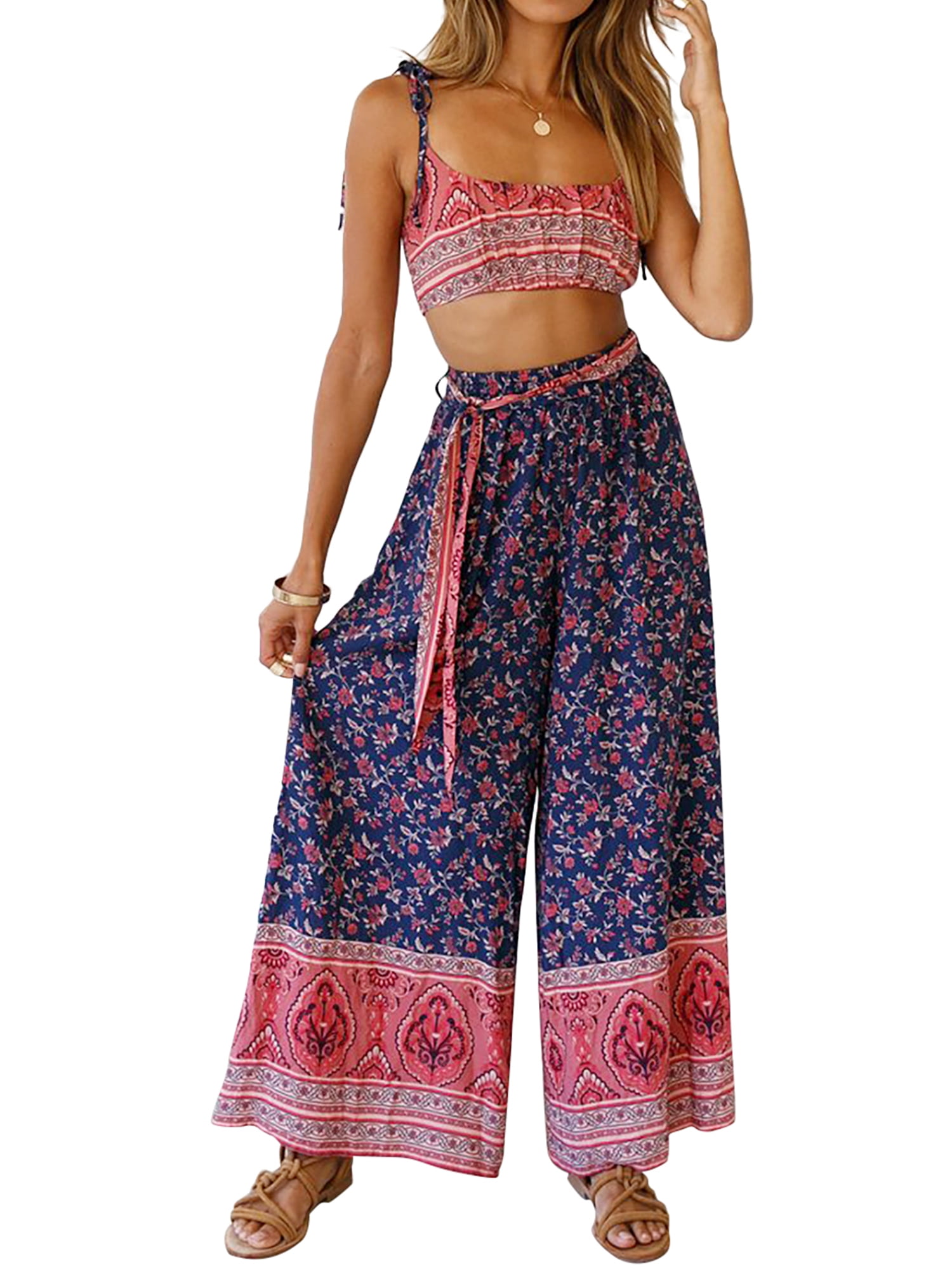 Sexy Dance Bohemia Womens Summer Casual Wide Leg Pajama Pants Floral Print Drawstring Palazzo 