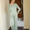 thumbnail image 2 of Defitshape Women's Long Sleeve Pajamas Satin Lounge Set Soft Frill V Neck Cozy Pj Set Green 12, 2 of 4