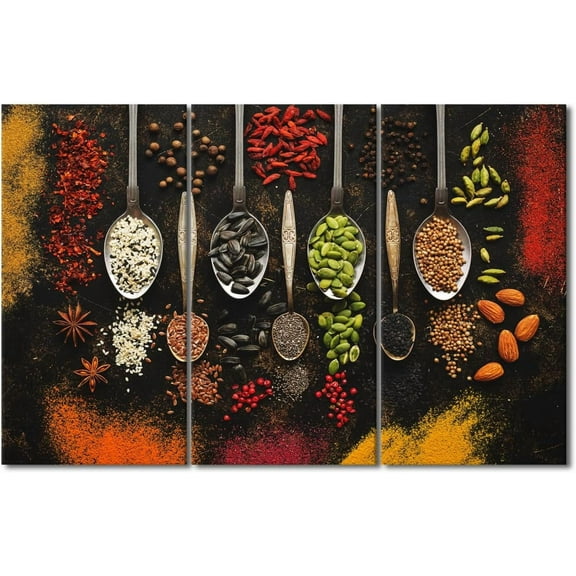 Kitchen Wall Art Decor - Bright Colorful Multi-Colored Spices For Cooking Sprinkled(Only canvas) Old Spoons on A Black Background Pictures Canvas Dining Room Wall Decor(Only canvas)
