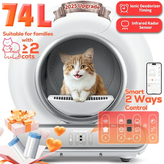 Famistar Self Cleaning Cat Litter Box, Automatic Cat Litter Box with APP Control, 65 9L Large Capacity, All-round Safety Protection, Fully Auto Cleaning, Support 2.4G WiFi Only, 2 Rolls Liner Gift