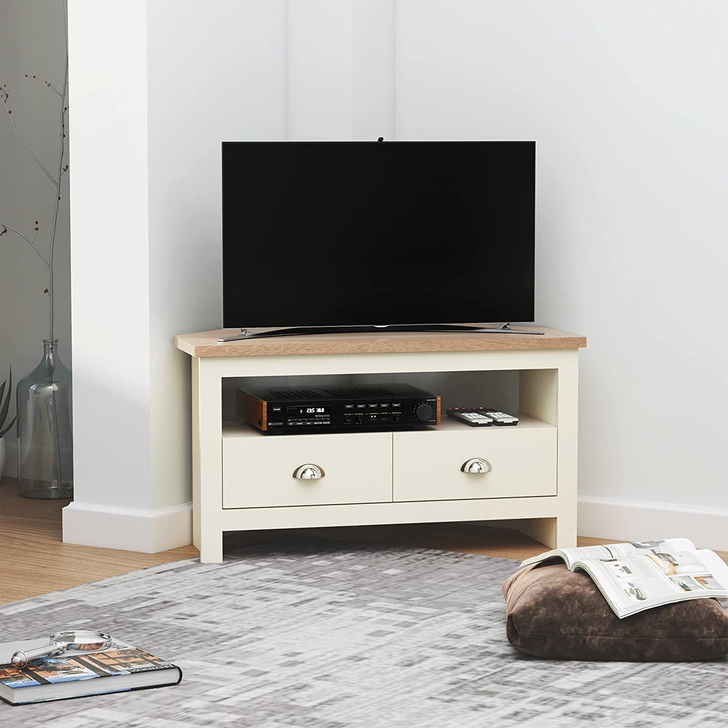 Corner TV Stand Up to 50", Entertainment Center TV Console Table with Drawers and Open Storage Compartment for Living Room, White