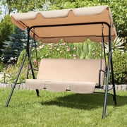 Lacoo 2-Person Outdoor Porch Swing Chair 3-Seat Patio Hanging Swing Glider with Converting Canopy, Weather Resistant Powder Coated Steel Frame and Removable Cushions for Garden, Backyard, Beige