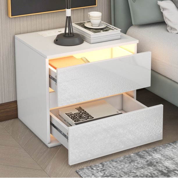 White Nightstand for Bedroom, Night Stand with USB Charging Port and Adjustable LED Lights