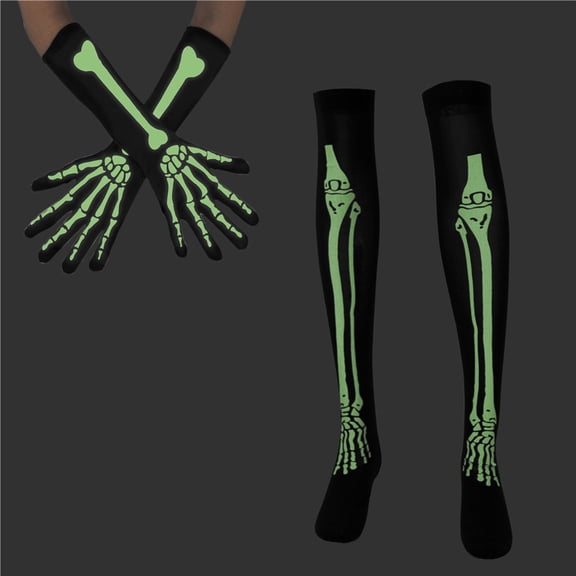 Halloween 1 pair Skeleton Gloves and Stockings Set, Polyester Glow-in-the-Dark Long Socks, Scary Bone Print Costume Accessories for Cosplay Party and Role Play