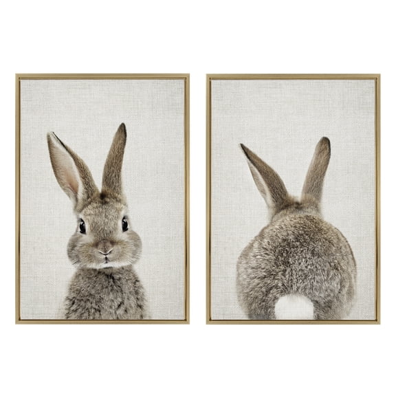 Kate and Laurel Sylvie Bunny Portrait on Linen and Bunny Tail on Linen Framed Canvas Wall Art Set by Amy Peterson Art Studio, 2 Piece 23x33 Bright Gold, Cute Animal Art for Wall