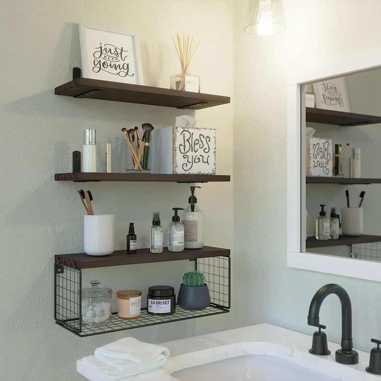 Farmhouse Wood Bathroom Wall Shelves over Toilet with Paper Storage Basket  Set